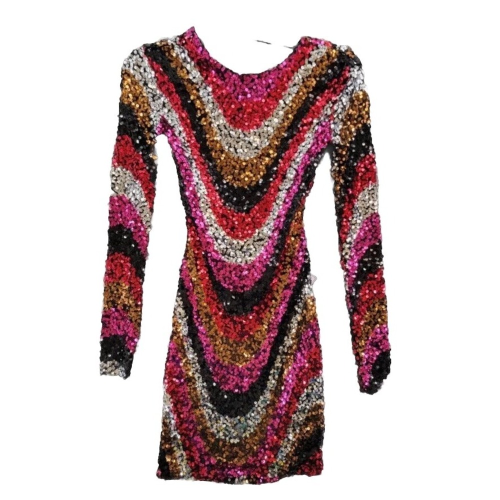 B DARLIN Sequined‎ Low-Back Mini Dress Juniors XS Multi Crew Neck Long Sleeve - Picture 2 of 12